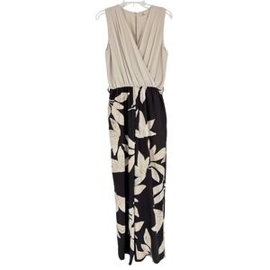 Oltre Black Floral Faux Wrap Wide Leg Jumpsuit Sleeveless Elegant Minimal S